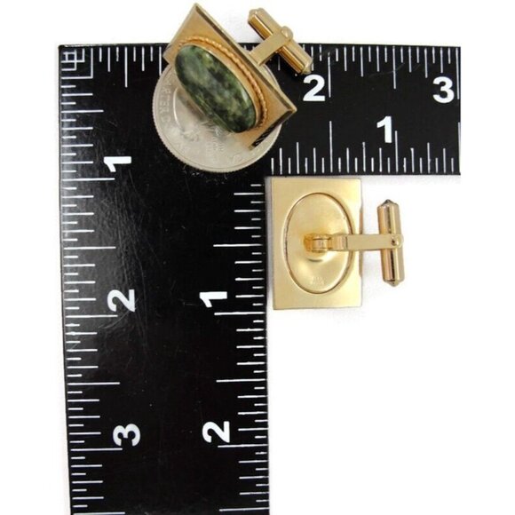 Vintage Destino Square Cufflinks 1/20 12K Gold Filled Green Oval Jade Center - Picture 10 of 12